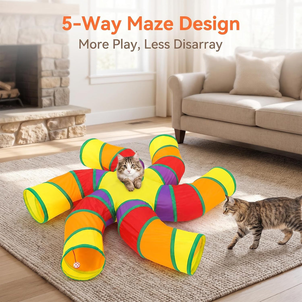 5-Way Cat Tunnels for Indoor Cats Large Colorful 5-Way Play Maze Tube Toy