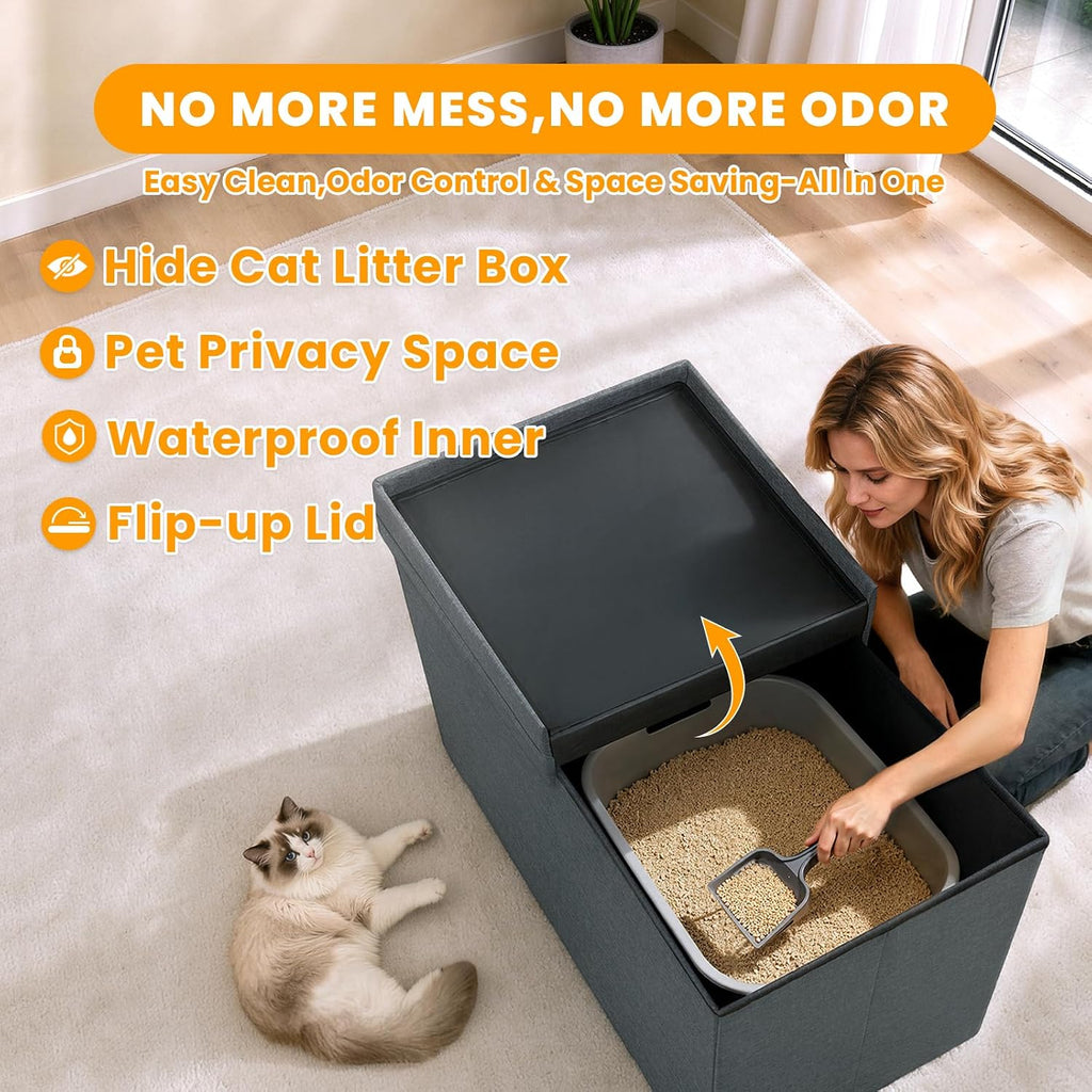3-in-1 Cat Litter Box Enclosure Furniture, Dark Grey
