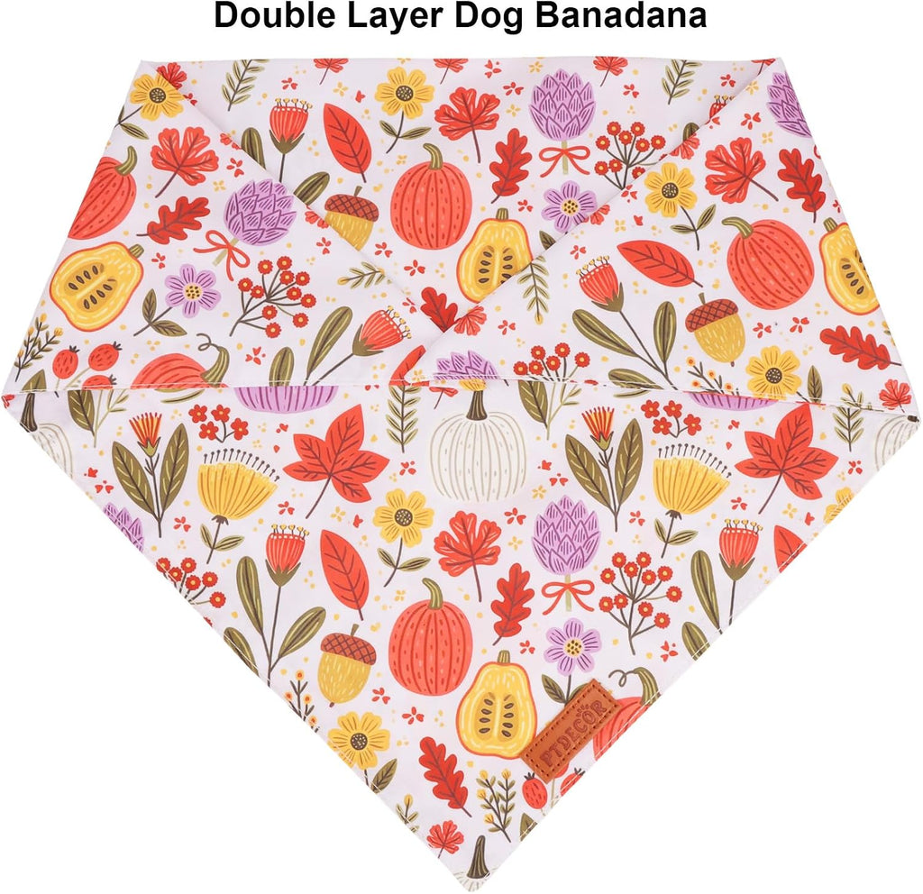 PTDECOR Pink Fall Dog Bandanas, Floral Pumpkin Fall Pet Scarf, Large