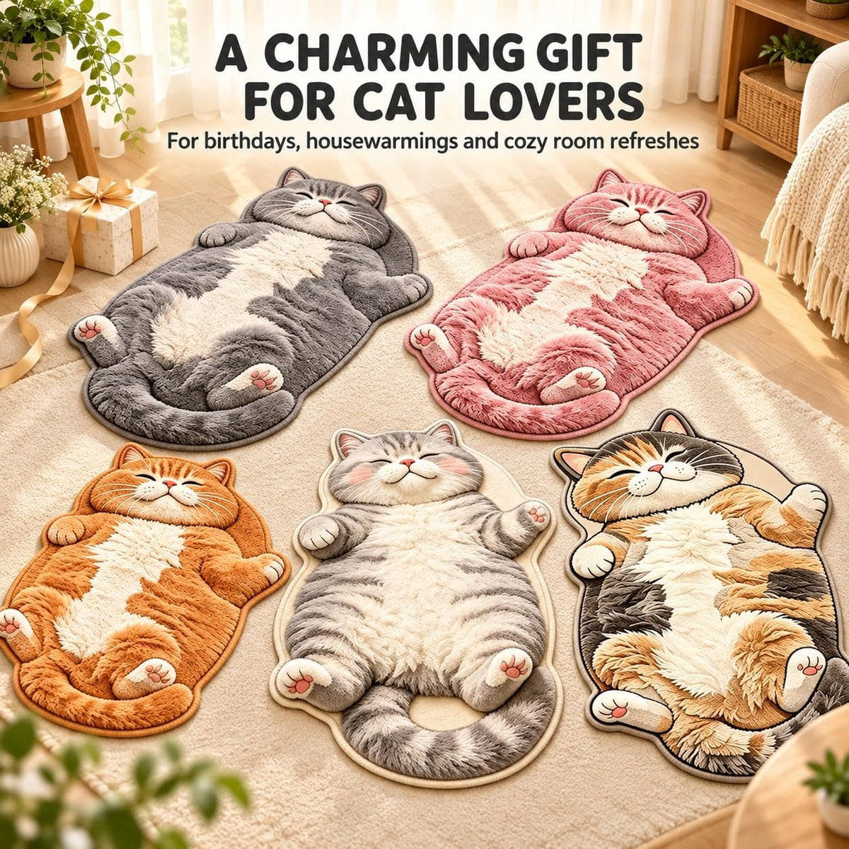Sleeping Cat Rug, Plush Cat Shaped Floor Mat for Bedroom and Entryway
