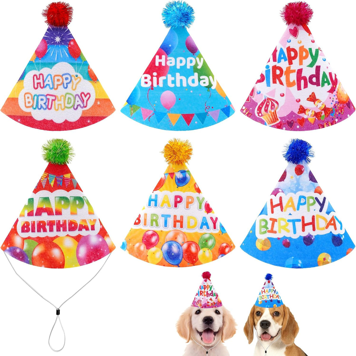6PCS Dog Birthday Party Hats Felt for Small Medium Dogs Paw Bone