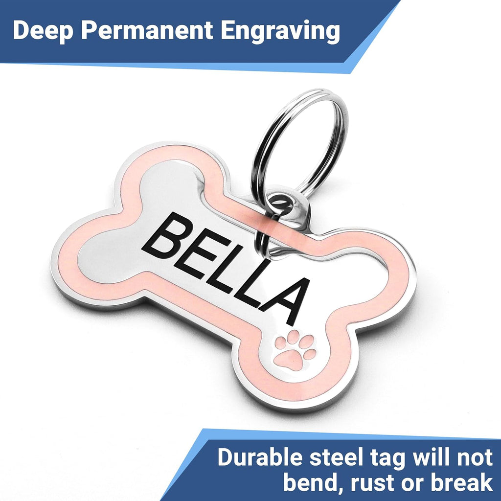 GoTags Stainless Steel Pet ID Tag Bone Round and Heart Shaped Paw Design