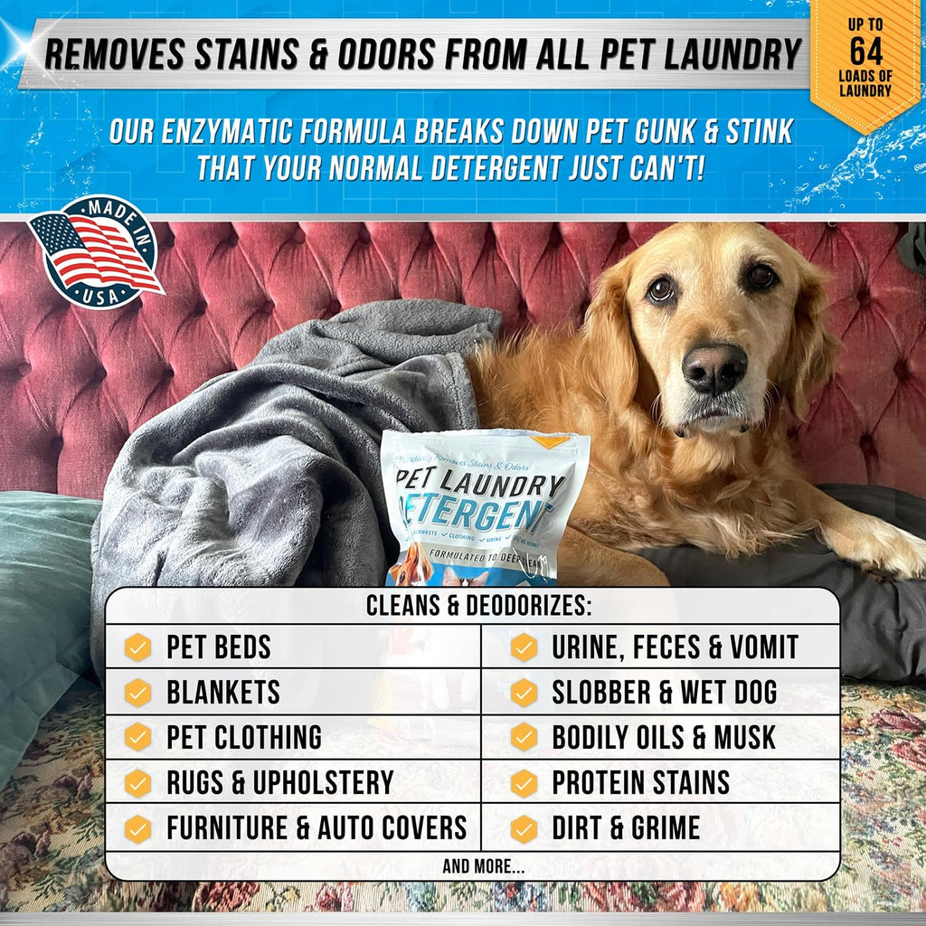 Pet Laundry Detergent Odor Remover - ACTIVE Enzyme Based Powder Detergent for Dogs Beds, Cat Pee, HE Washer Friendly Nat
