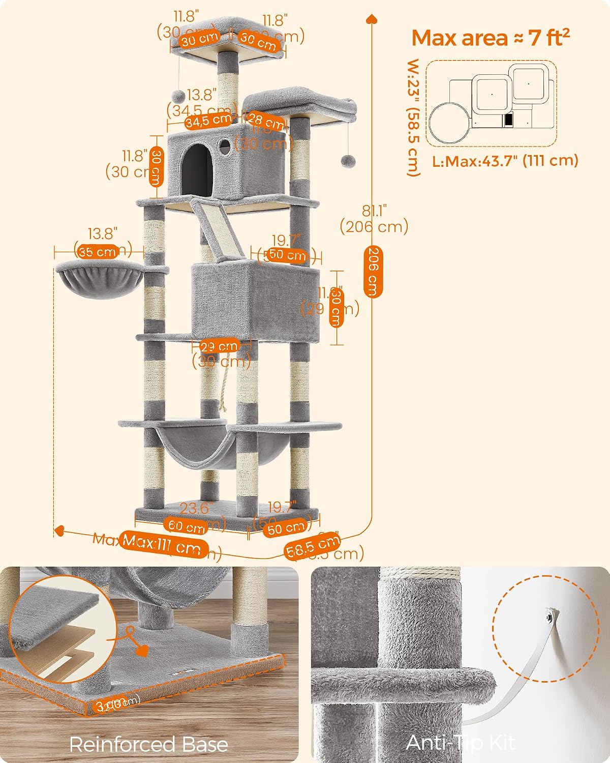 Feandrea Cat Tree, 81.1-Inch Large Cat Tower, Multi-Level Condo, Light Gray