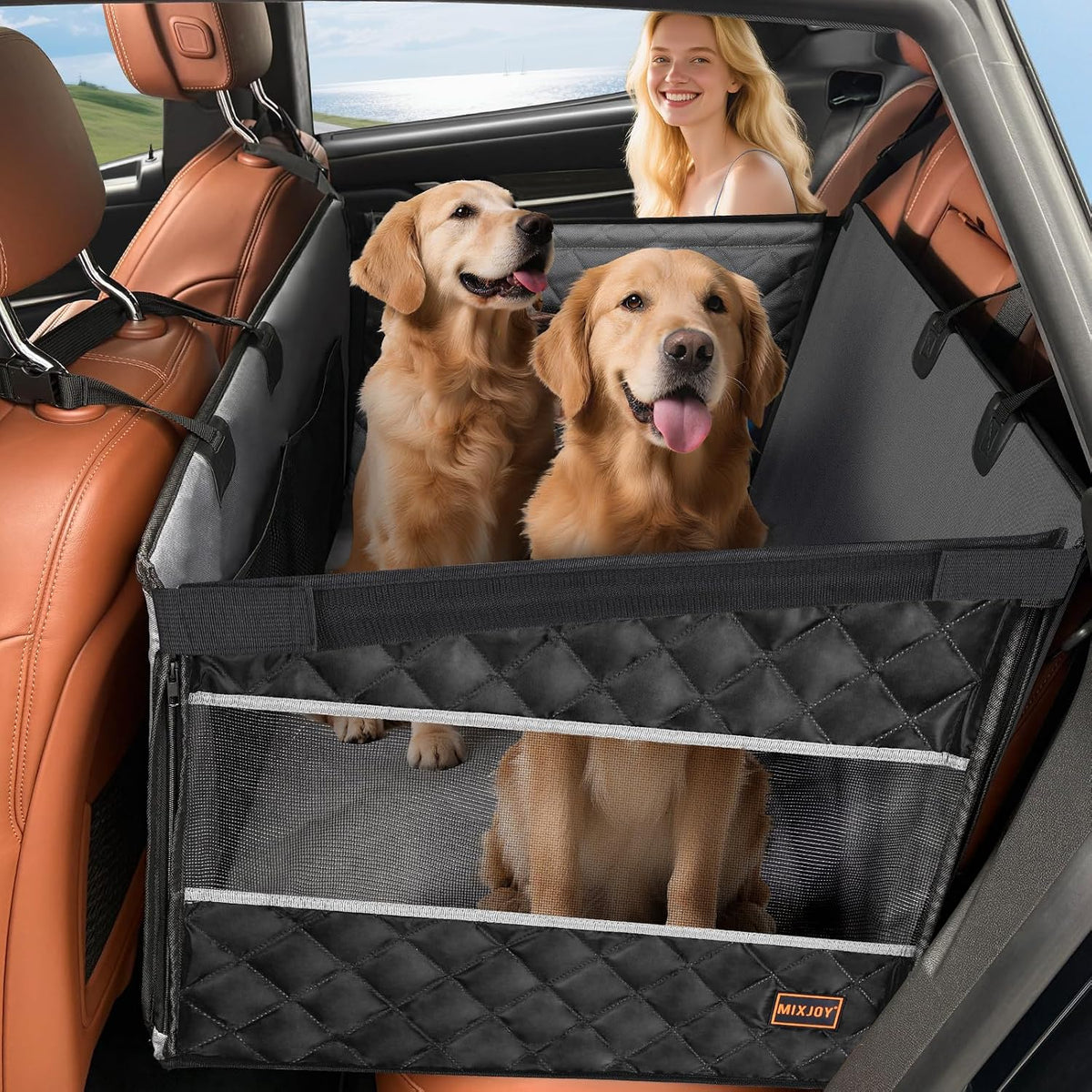 MIXJOY Dog Car Seat for Large Medium Dogs, Back Seat Extender for Pets, Waterproof Pet Carseat for Medium Sized Dog, Ham