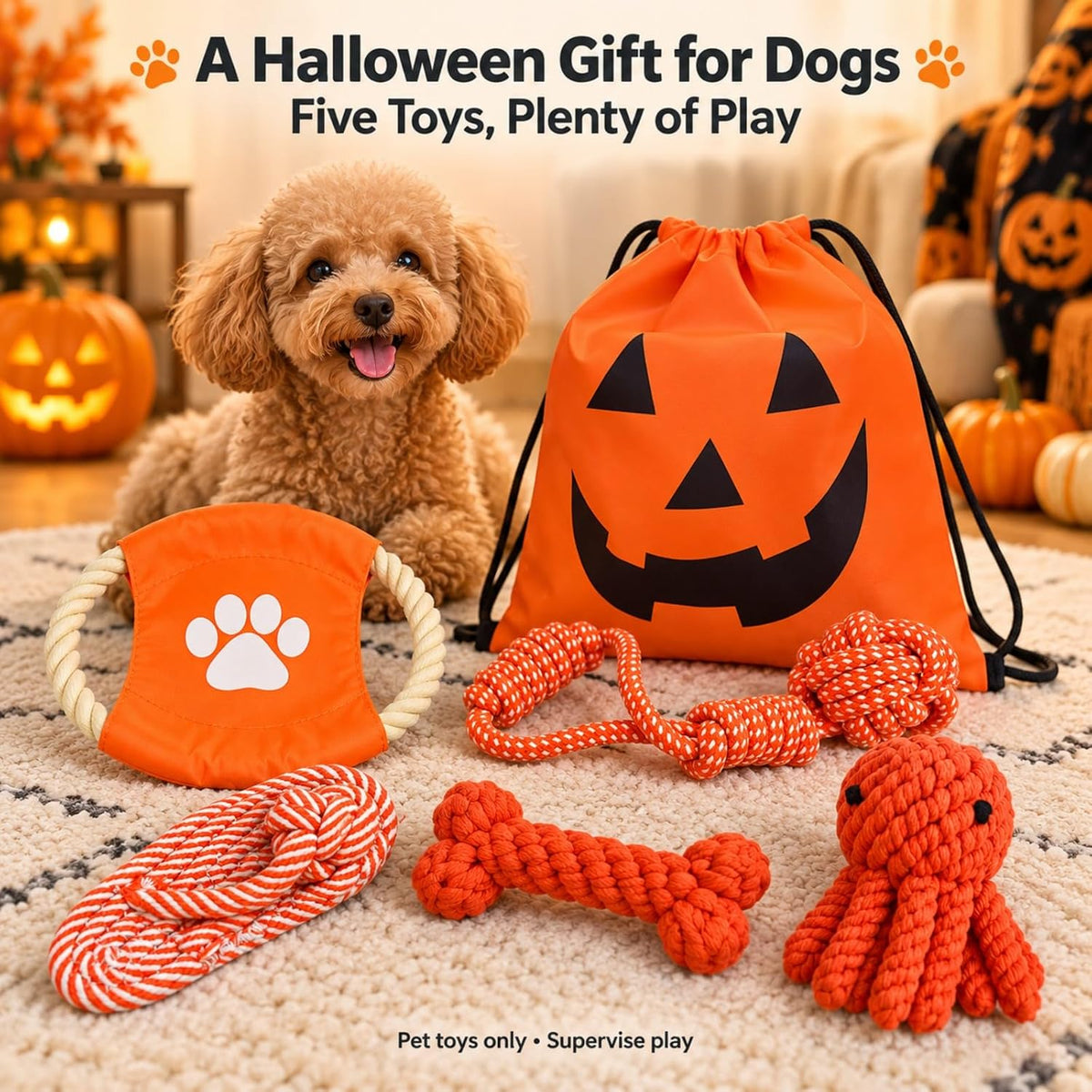 Halloween Rope Dog Toys 5-Piece Set with Pumpkin Ghost Bag