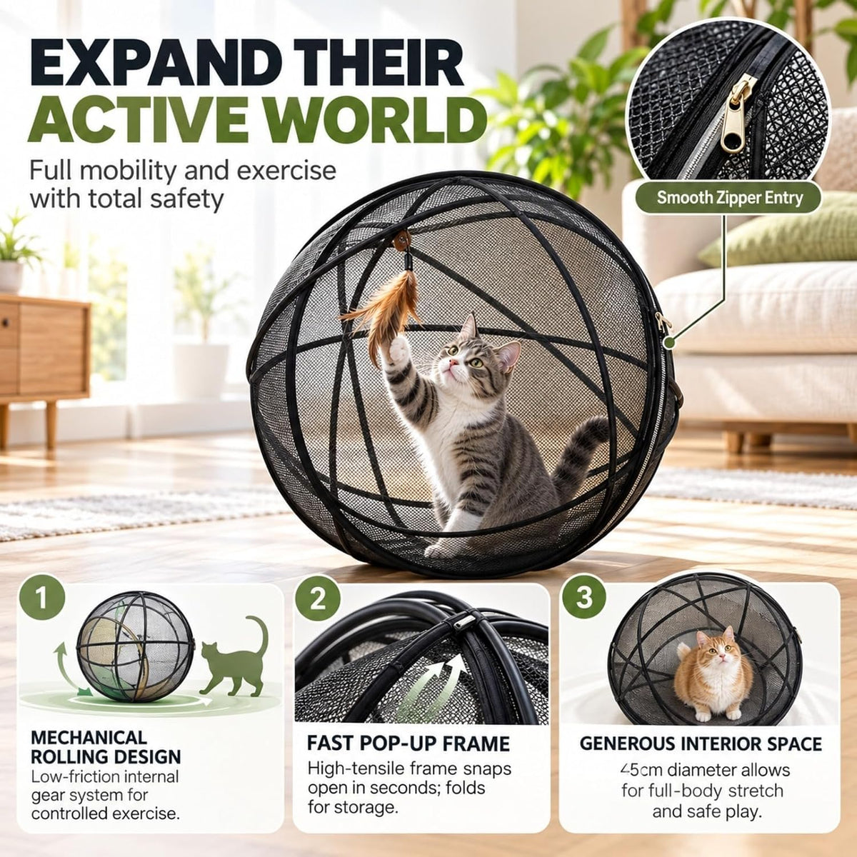 Cat Hamster Ball for Outside Foldable Mesh Cat Playpen 28 Inch (green)