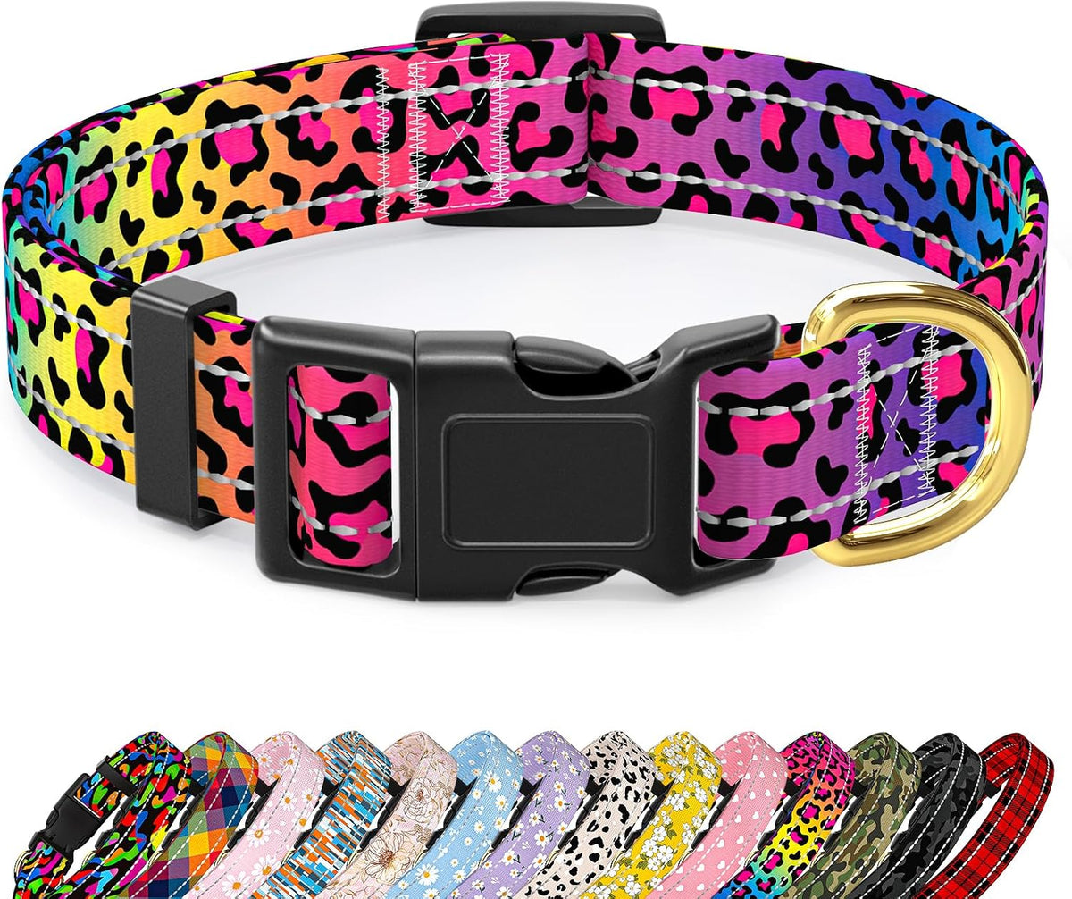 Reflective Adjustable Dog Collar for Medium Dogs, Leopard Neon, M