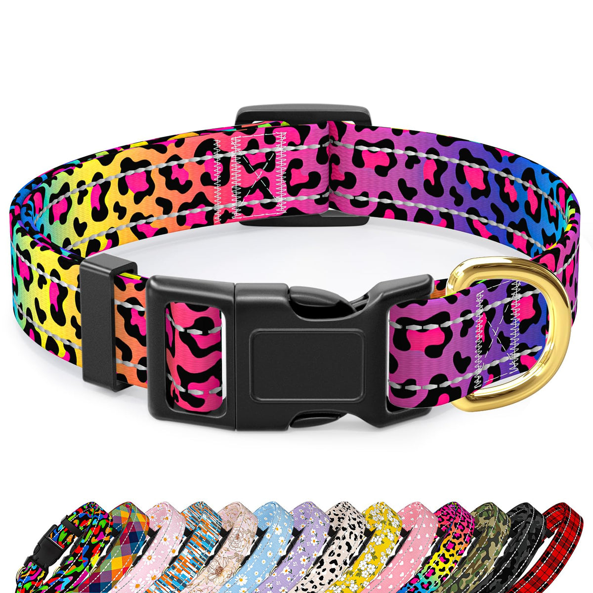 TMOODEL Reflective Nylon Dog Collar for Large Dogs, Neon Leopard, L