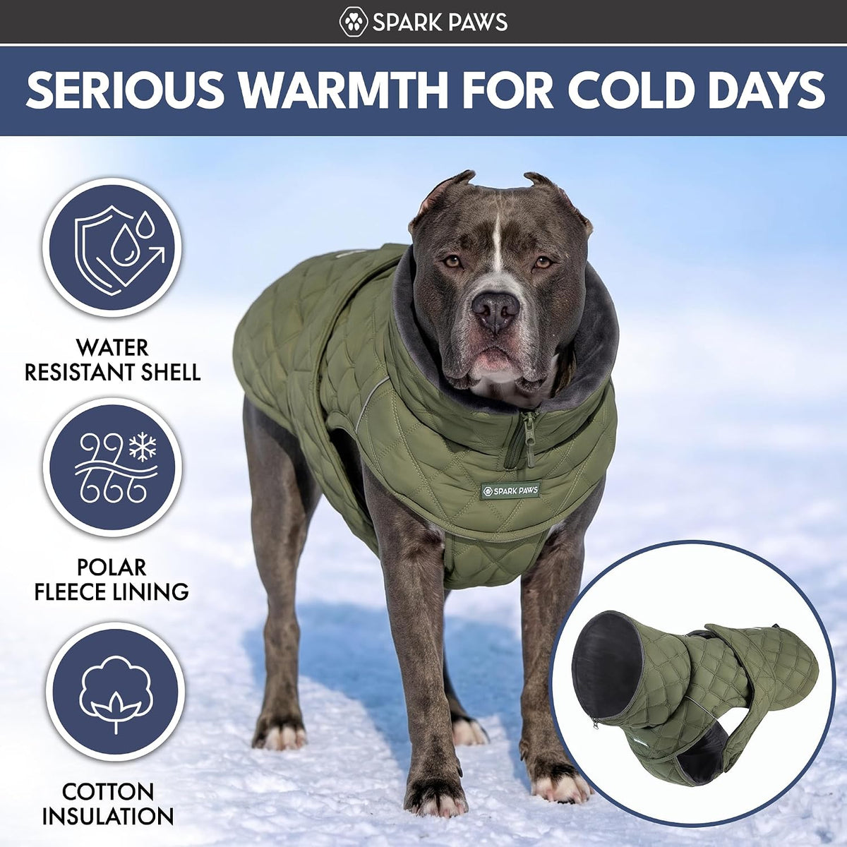 Spark Paws Quilted Dog Winter Coat - Cold Weather Jacket for S Med L Dogs
