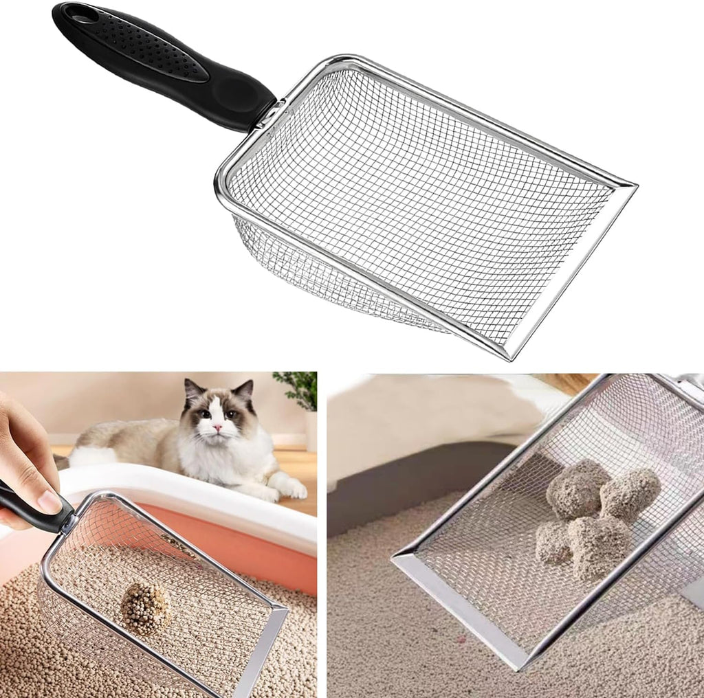 Cat Litter Scoop, Stainless Steel Cats Sturdy Mesh Scooper Kitty Metal Scooper Long Handle Scooper Shovel Sifter for All
