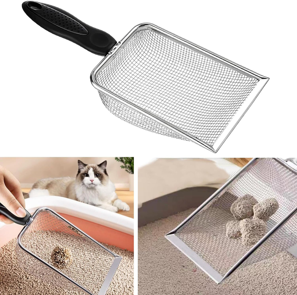 Cat Litter Scoop, Stainless Steel Cats Sturdy Mesh Scooper Kitty Metal Scooper Long Handle Scooper Shovel Sifter for All