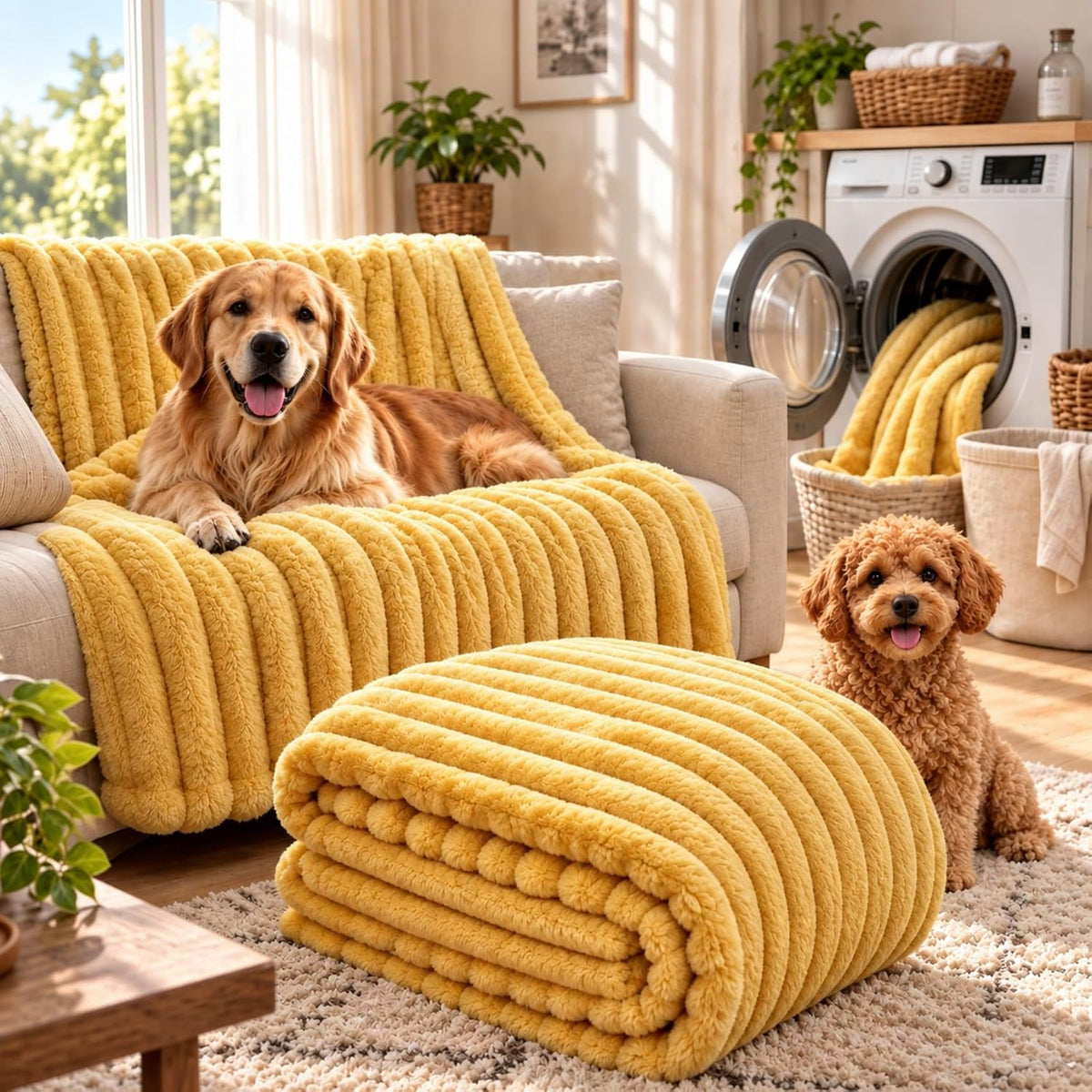 Washable Emotional Support Blanket for Dogs, Plush Yellow Dog Blankets，S