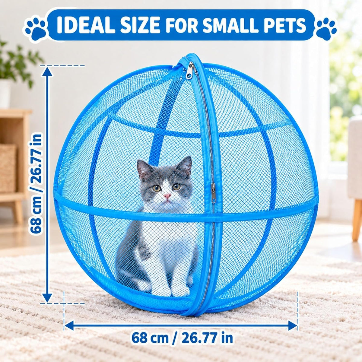 Rolling Cat Playpen, 26.77 Inch Mesh Hamster Ball for Cats, Single Zipper