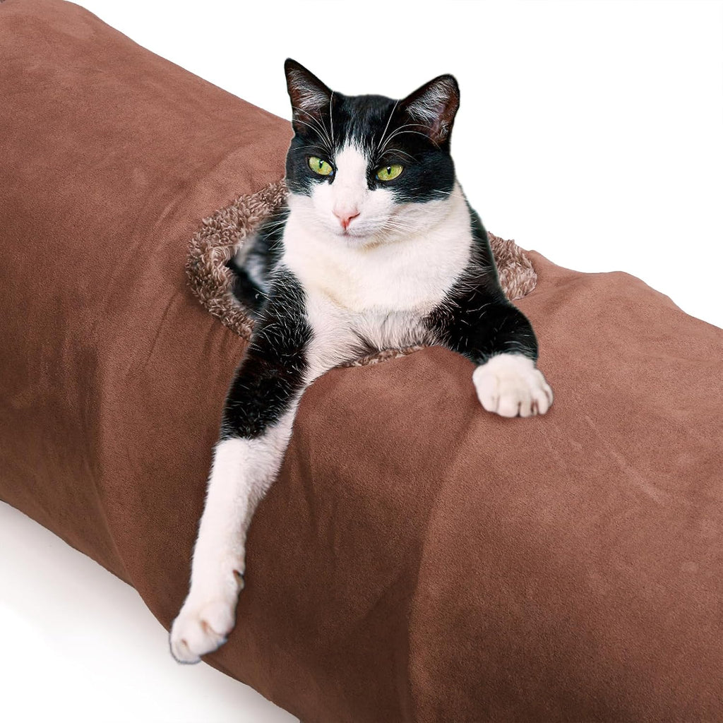51"x 12" Collasiple Cat Play Tunnel, Cats Tubes and Tunnels, Cat Foldable Hide and Seek Tunnel Toy, Brown Suede Pet Tube
