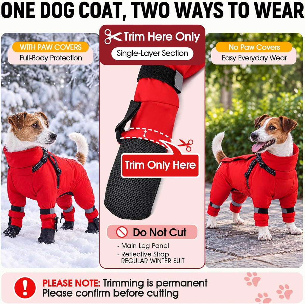 Dog Snowsuit with Attached Boots, Full Body Dog Coat with Built-in Harness