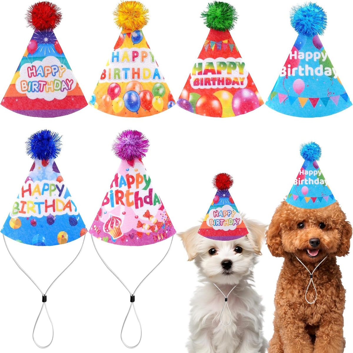 6PCS Dog Birthday Party Hats Felt for Small Medium Dogs Paw Bone