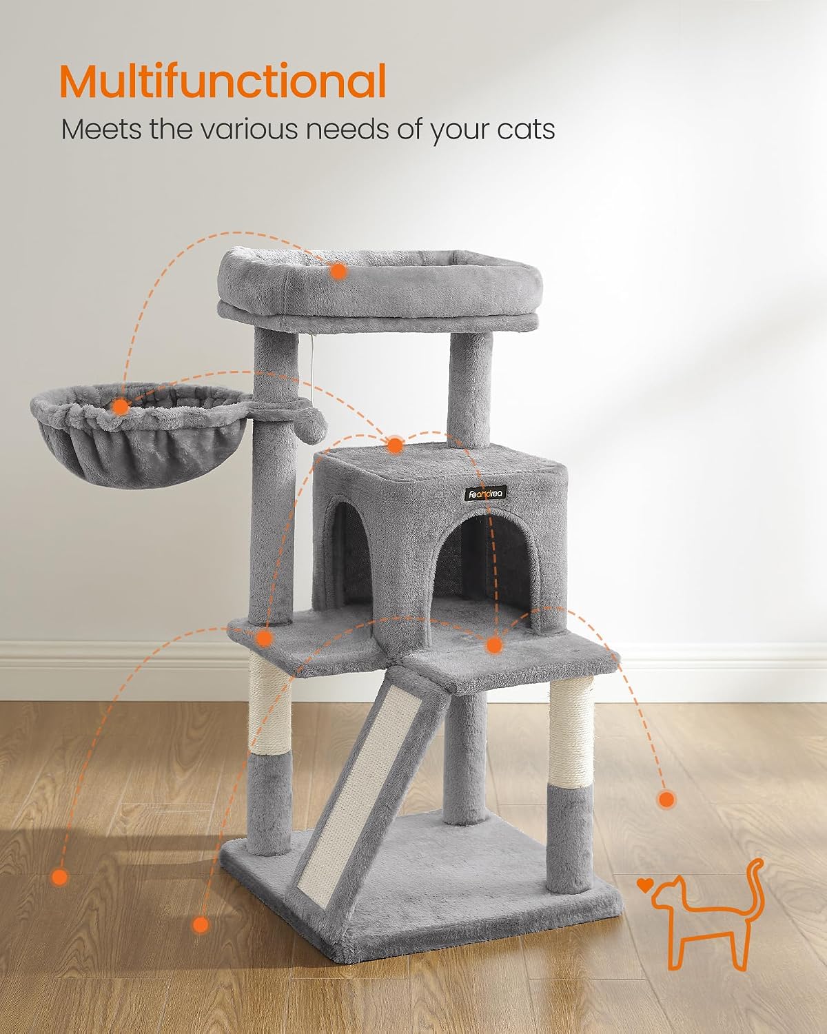 Feandrea Cat Tree, 37.8-Inch Tall Cat Tower, Multi-Level Condo, Light Gray