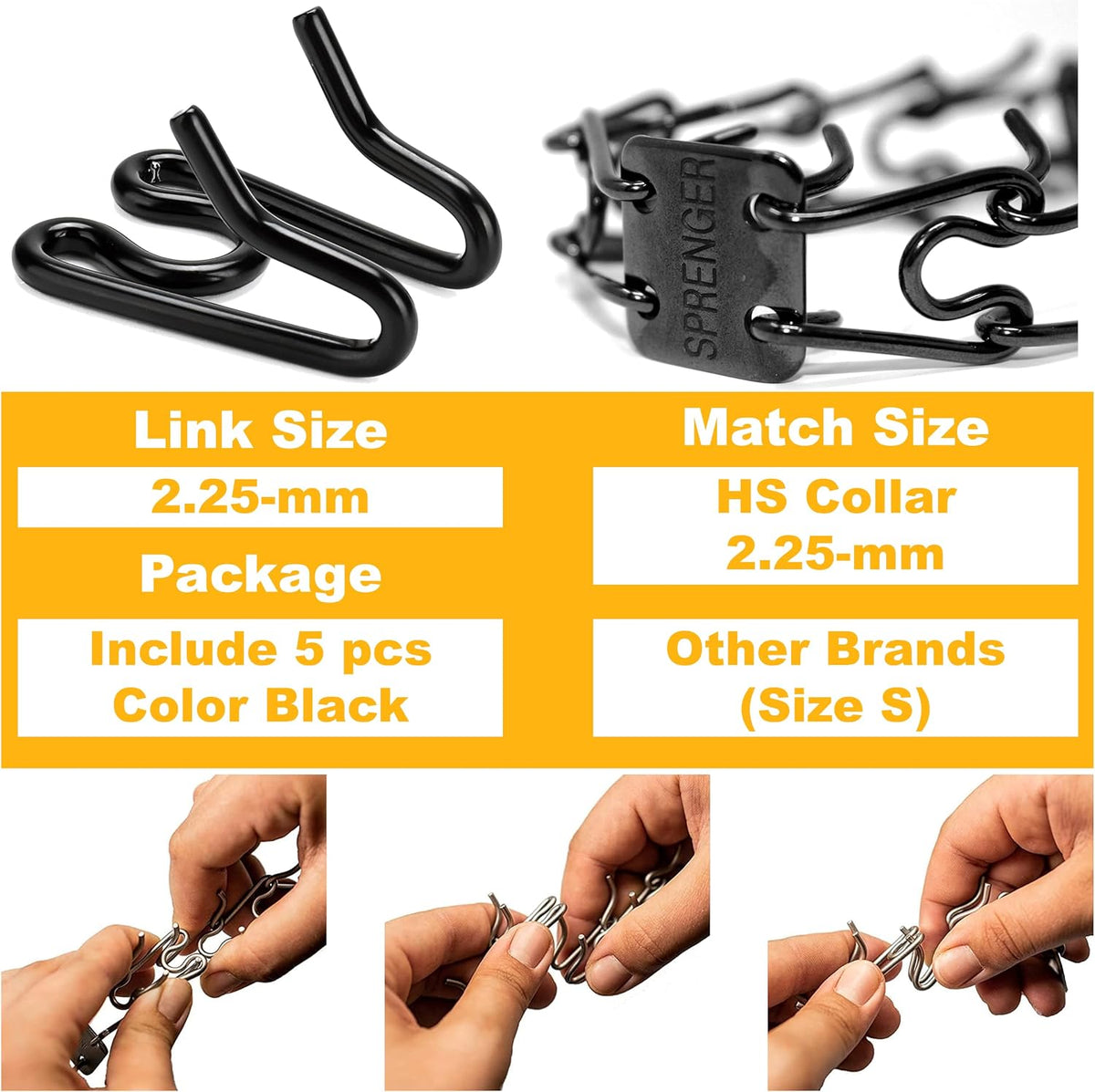 (5 Pack) Stainless Steel Dog Collar Extra Links Designed for 2.25mmH-S Collar Links, Black