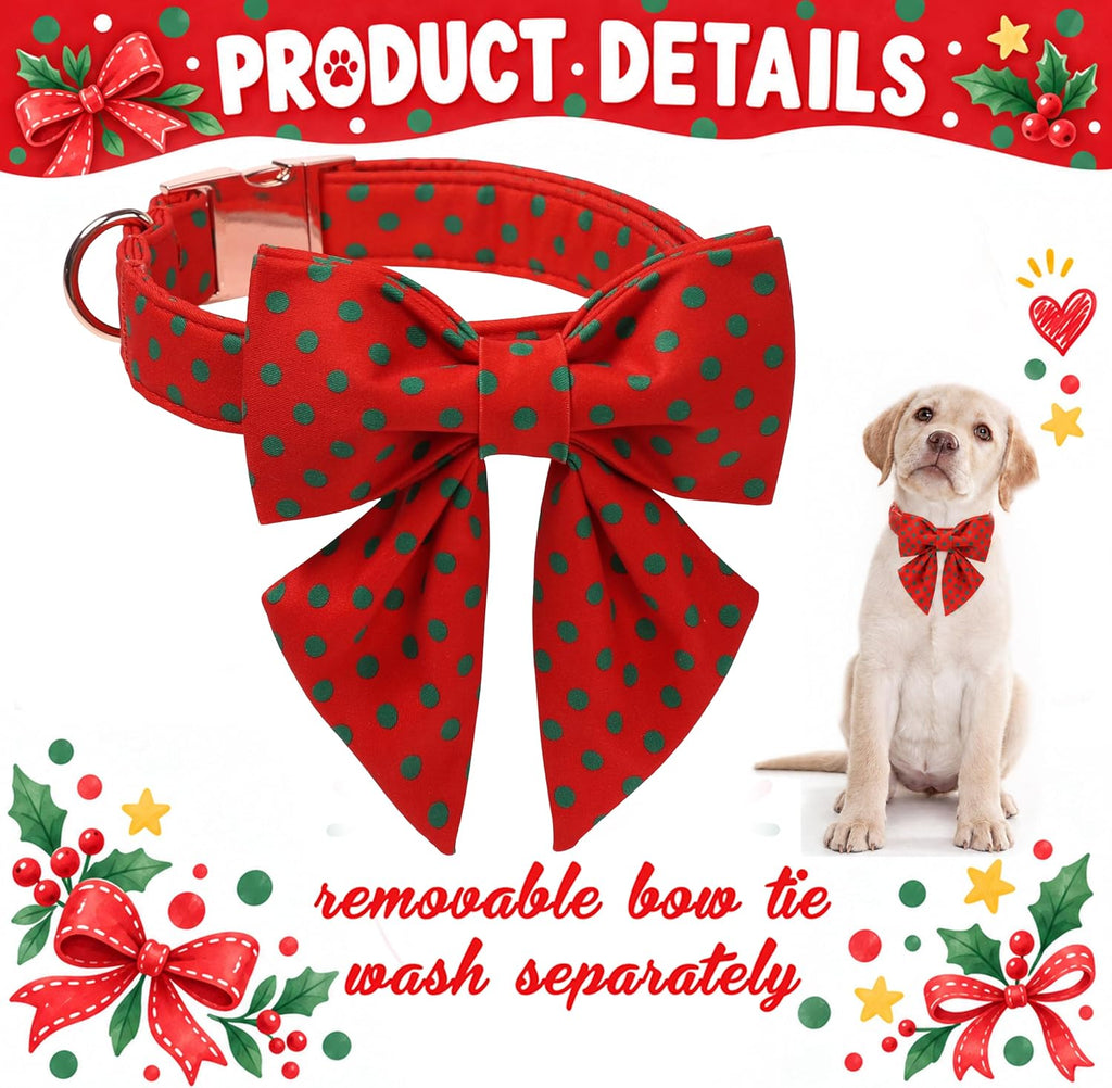 Christmas Dog Collar Bow Medium Girl Boy Dog-Red Polka M