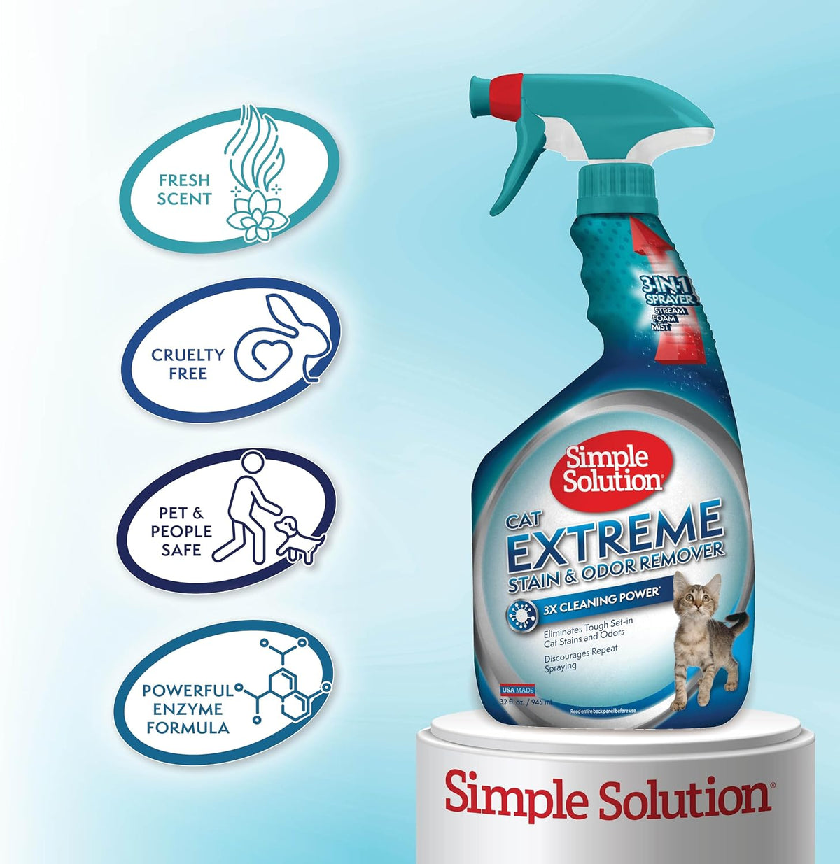 Simple Solution Extreme Cat Stain Remover, Cat Spray Odor Eliminator, 32oz