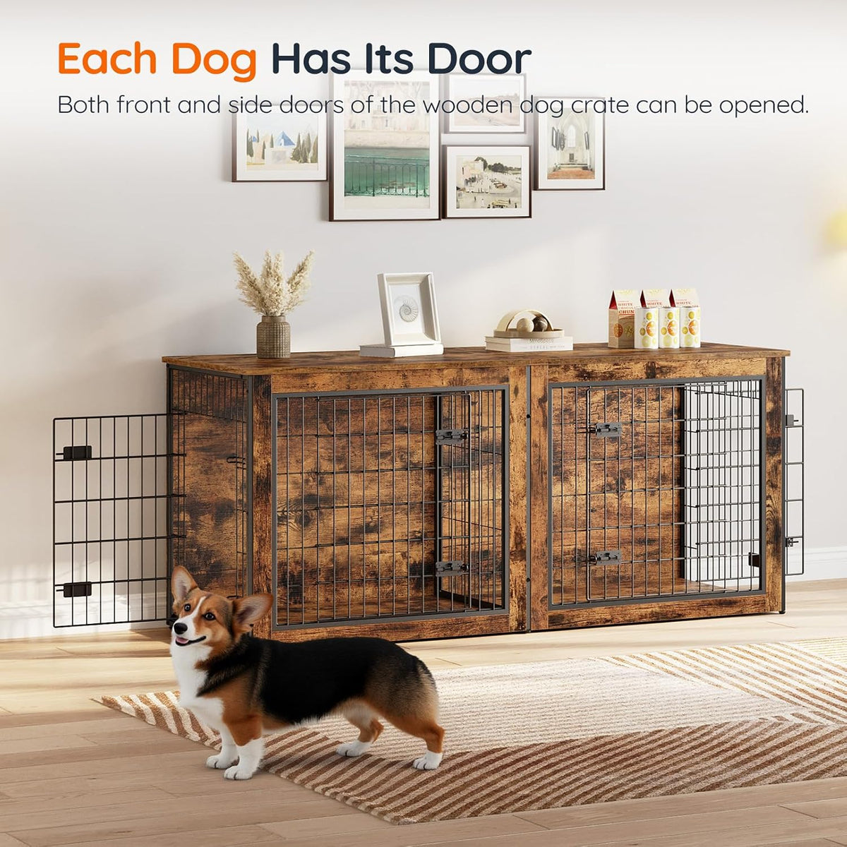 HOOBRO Dog Crate Furniture for 2 Dogs, 63" Large Double Dog Crate Furniture with Divider, Wooden Indoor Kennel TV Stand 