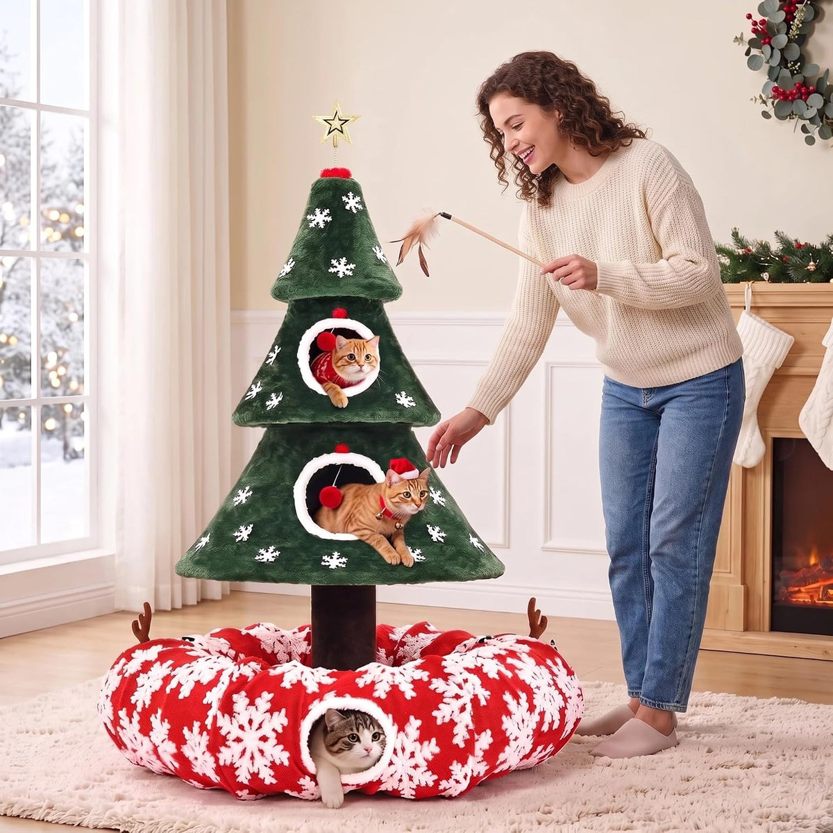 DWVO 58.2in Cat Christmas Tree with Circle Cat Tunnel