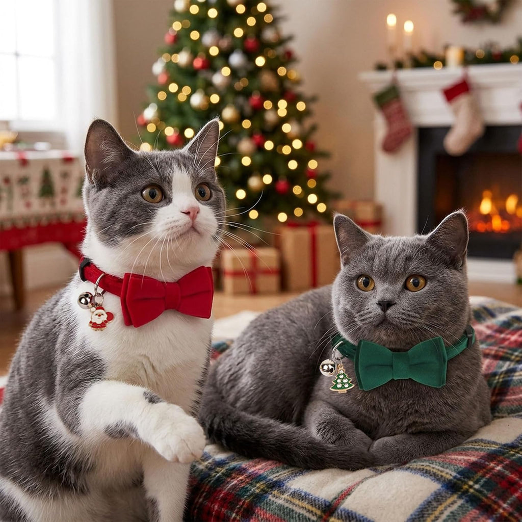Red Green Christmas Cat Collar Breakaway, Xmas Cat Bow Tie Collar