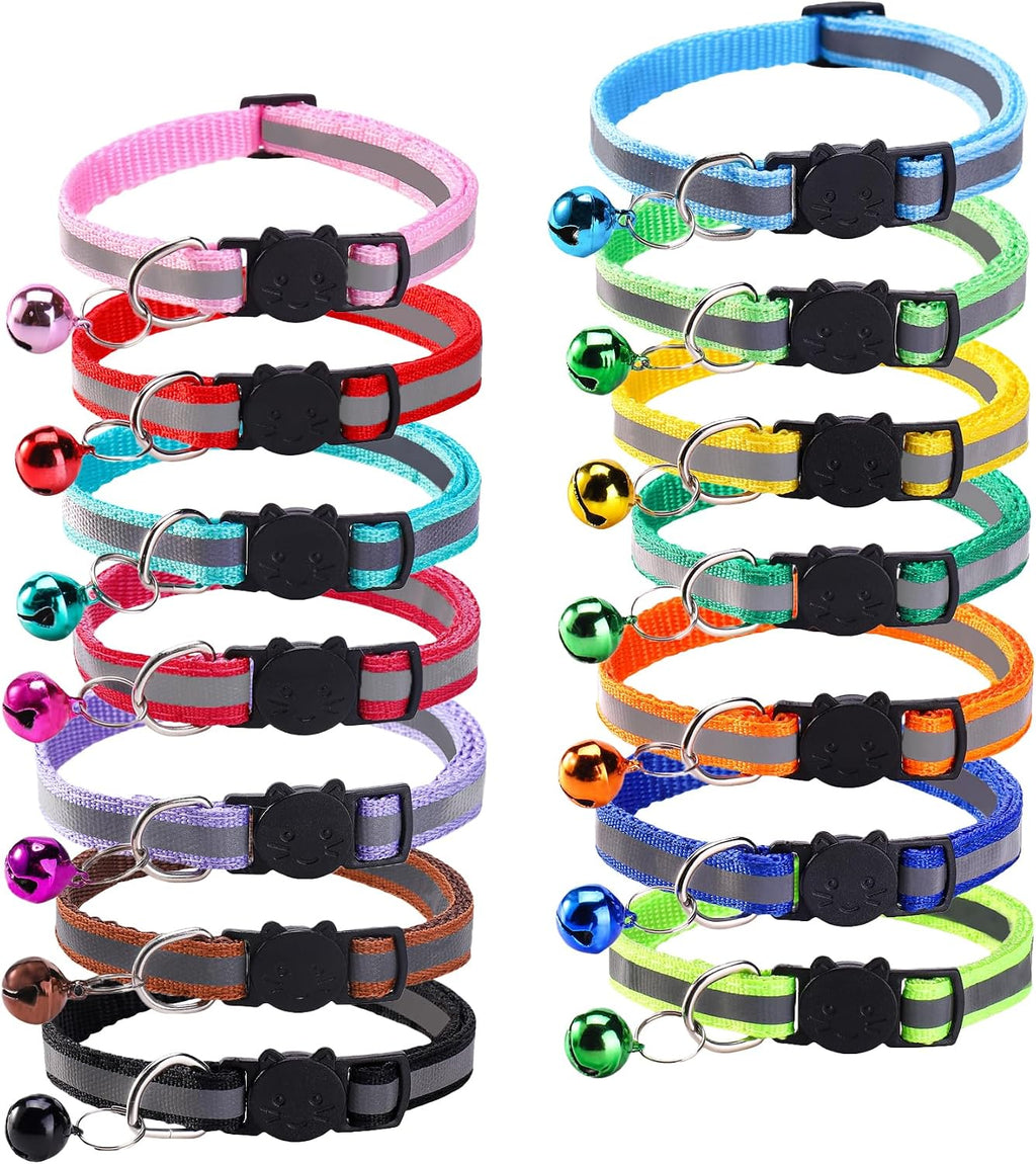 14 Pack Breakaway Cat Collar with Bell, Reflective Kitten Collar for Girl Boy Cats, Safety Buckle Adjustable 7.5-12.5 In
