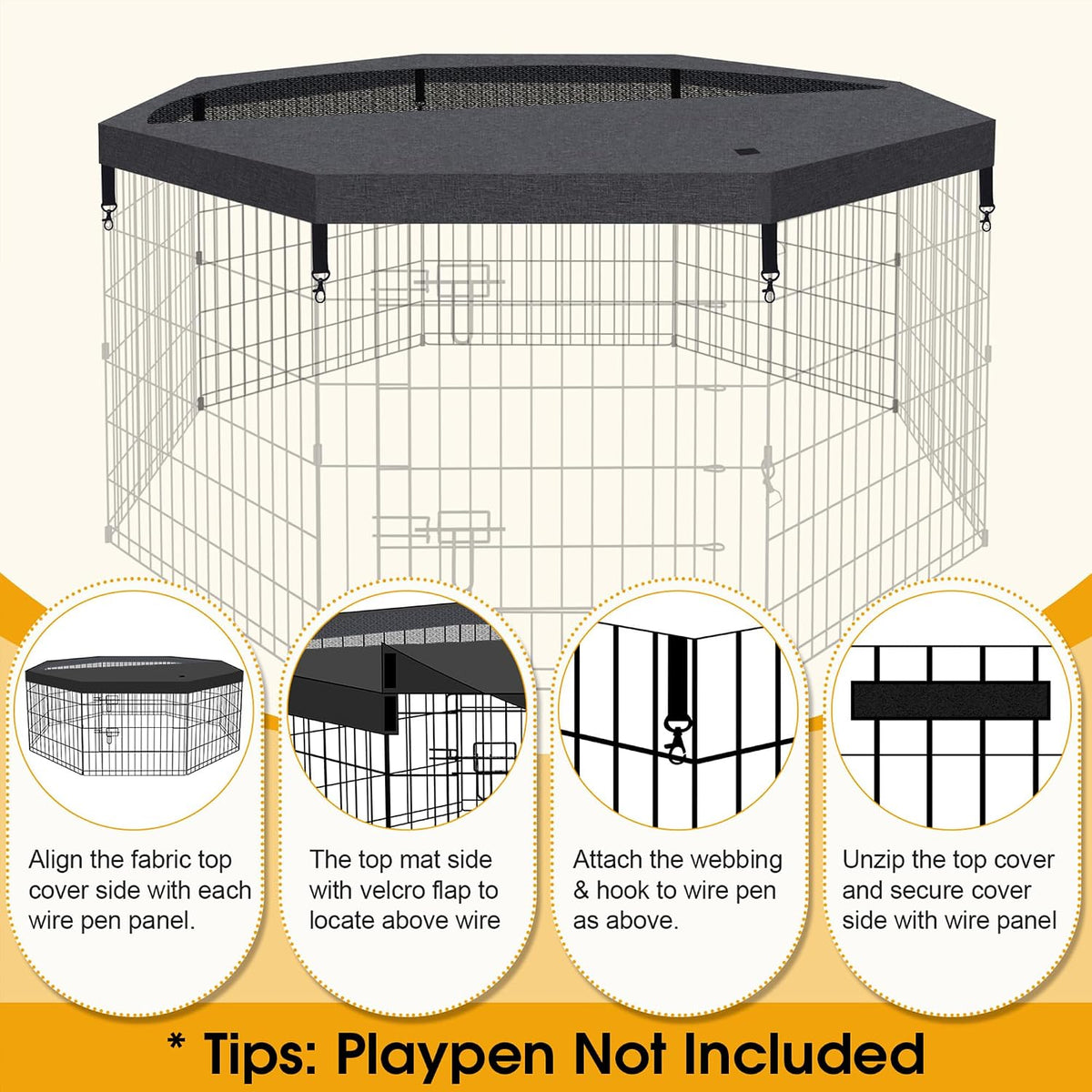 Dog Playpen Top Cover Only, for 8 Panel 24 Inch Wide Octagonal Mesh Black