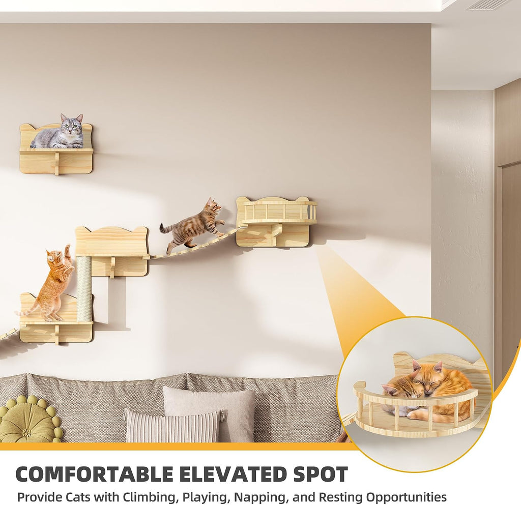 Cat Wall Shelves, 9-in-1 Wood Cat Wall Furniture Set, Burlywood