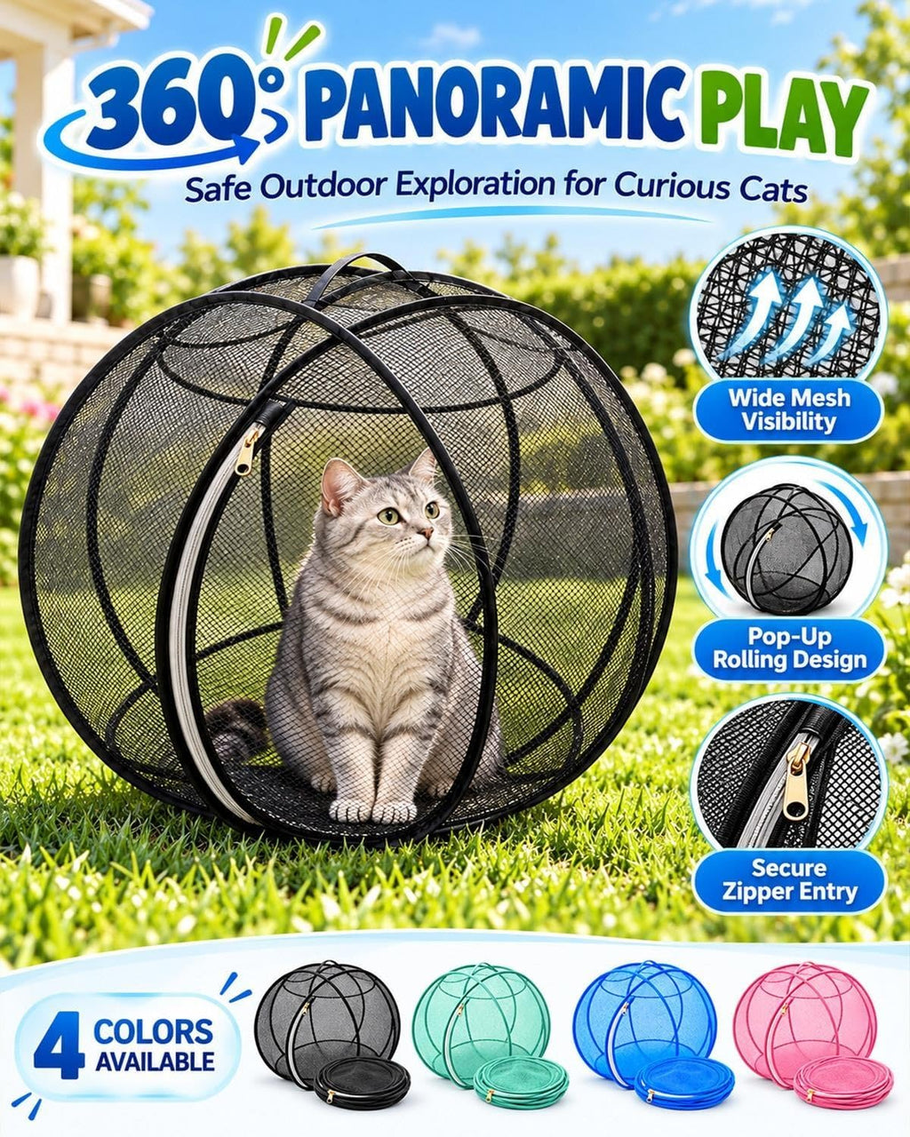 360° Panoramic Pop-Up Rolling Cat Playpen Ball,Outdoor Foldable Enclosure