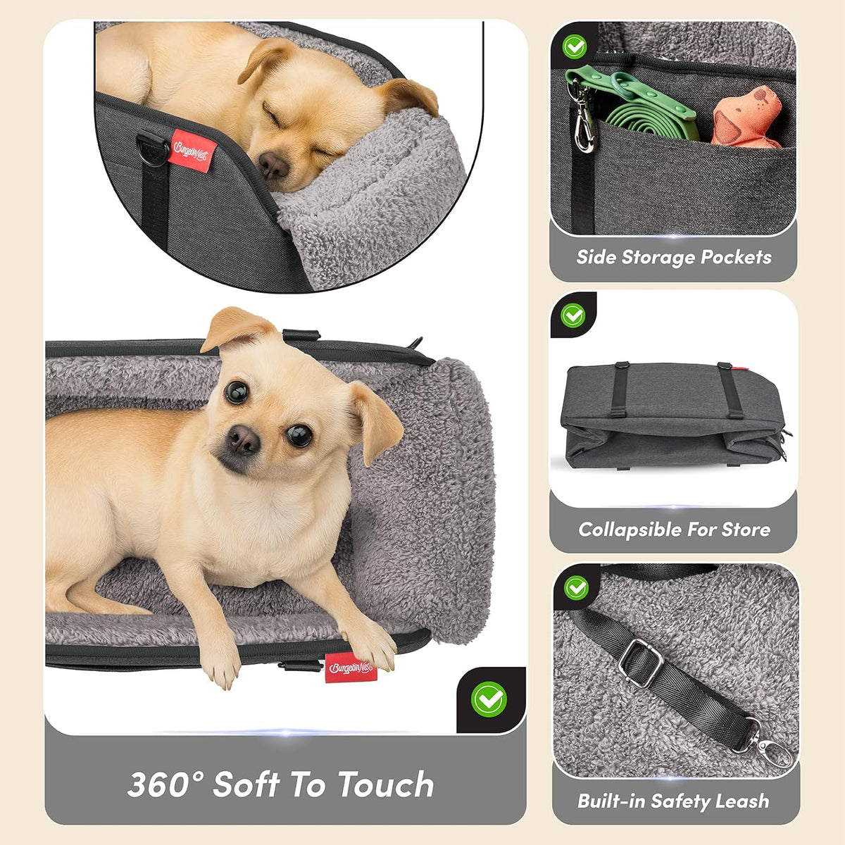 BurgeonNest Center Console Dog Car Seat for Small Pets to 11lbs, Grey