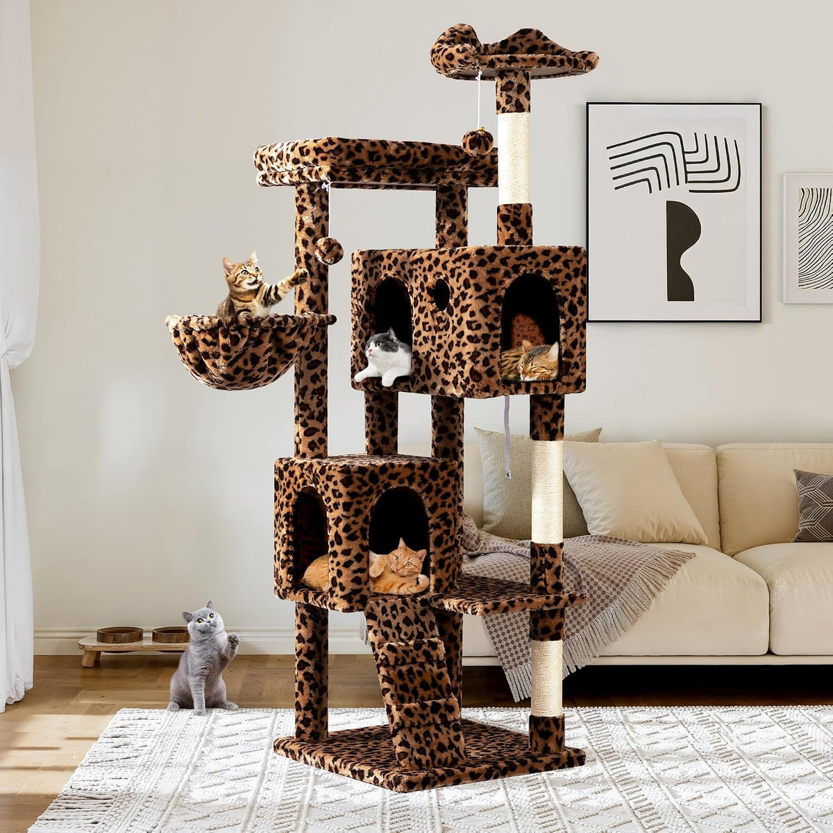 Allewie 64 Inches Multi-Level Cat Tree Tower for Indoor Cats, Cow Print