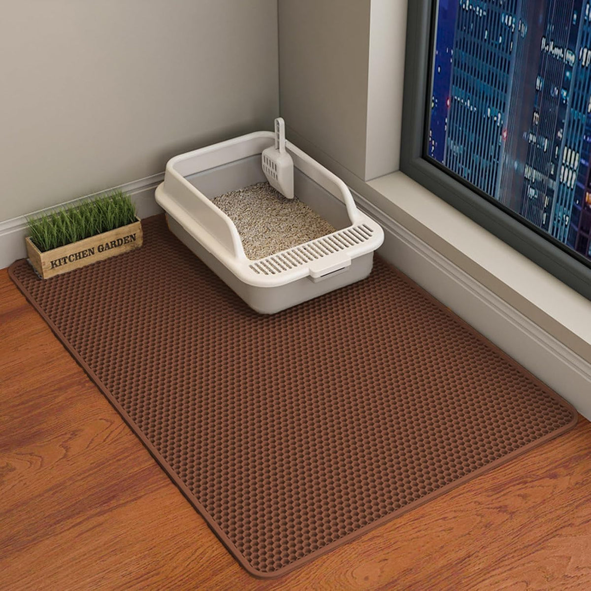 Cat Litter Mat, Double Layer Cat Litter Box Mat (35x24 Inch, Khaki)