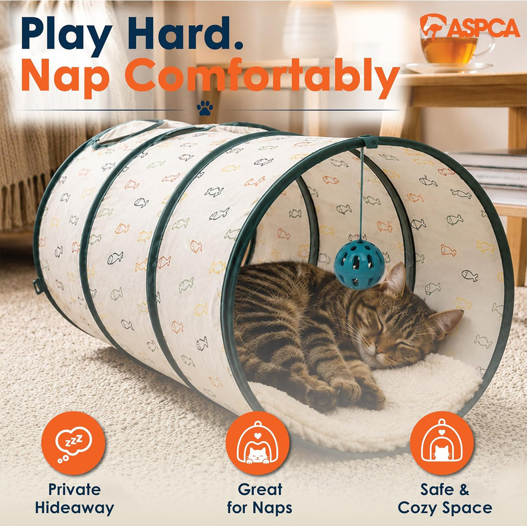 ASPCA Cat Tunnel with Rattle Toy – Interactive Collapsible Cat Tunnel for Indoor Cats, Crinkle Play Tunnel with Hanging 