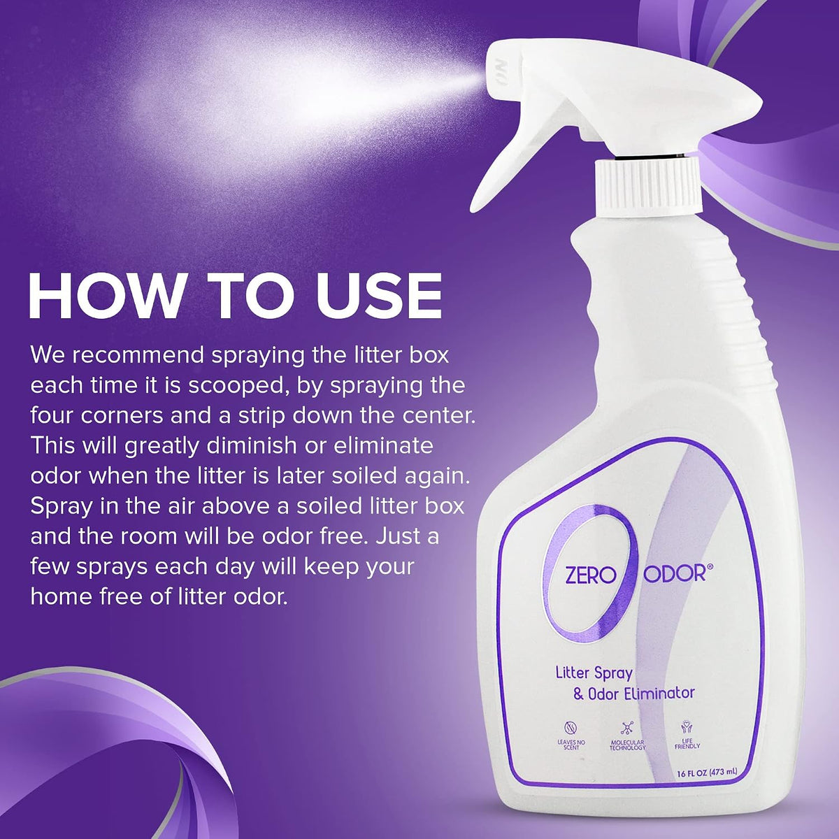 Zero Odor Litter Box Odor Eliminator Spray, Cat Litter Deodorizer, 16 oz