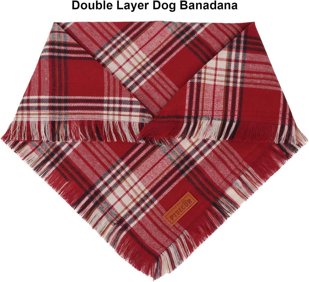 PTDECOR Plaid Fall Dog Bandana, Brown Red Thanksgiving Pet Scarf, X-Large