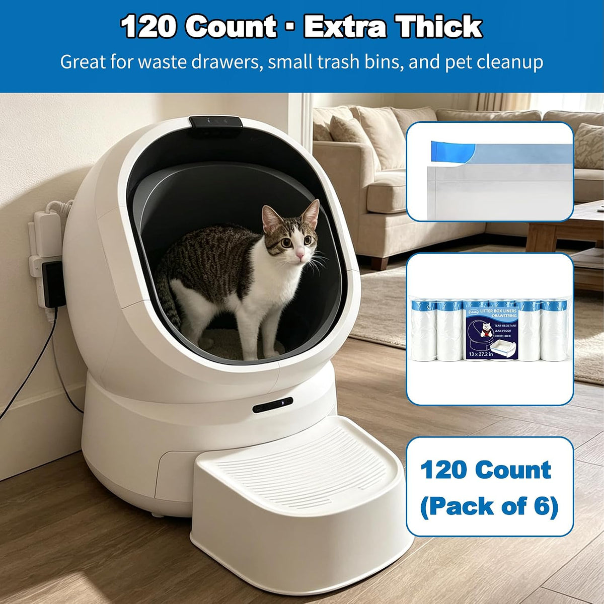 120 Count Cat Litter Box Bags|27.2" x 13"for Automatic Cat Litter Box