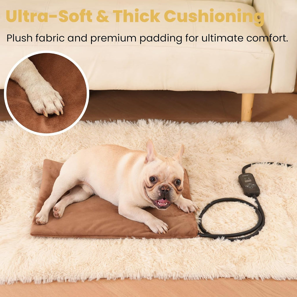 Dog Heating Pad, Heated Cat&Dog Bed, 5 Temps & Timer, Safety Listed, Brown
