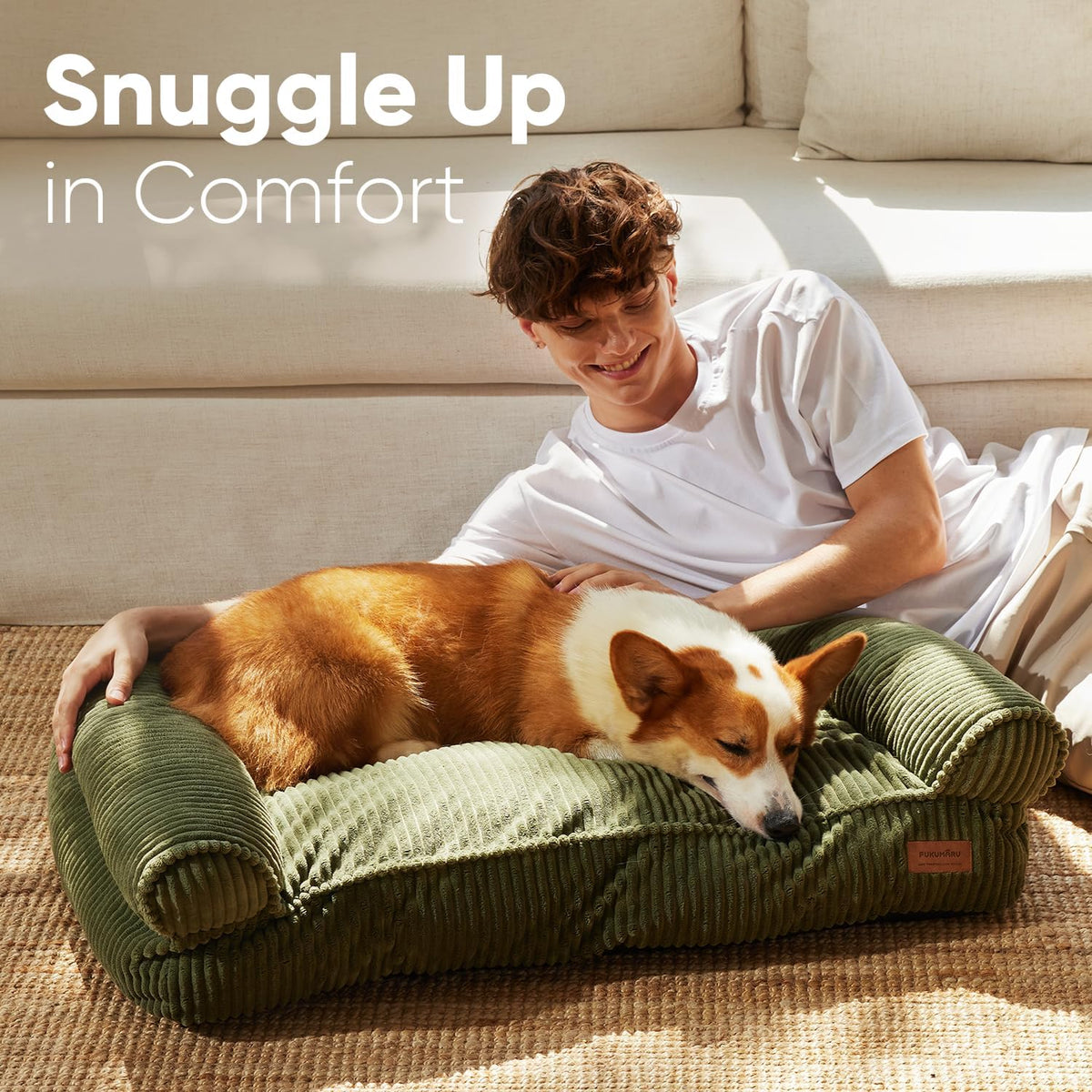 FUKUMARU Dog Couch Bed, Corduroy Cozy Cat Bed, Waterproof, Washable cover