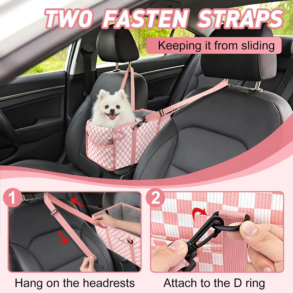 Console Dog Car Seat for Small Dogs, Foldable Booster Seat, Pink Checkered