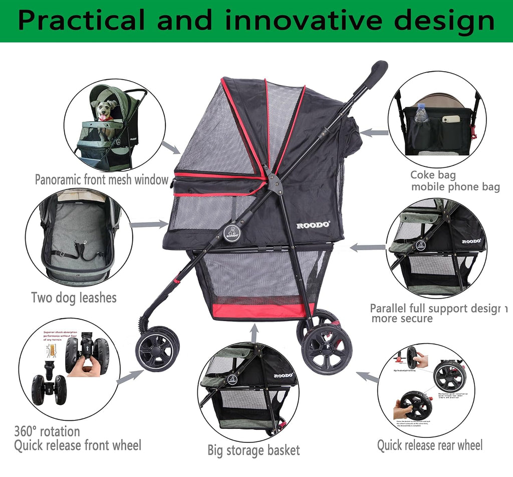 ROODO Escort 3 Wheel Dog Cat Pet Stroller for Small/Medium Dogs Cats Best Lightweight Foldable Portable Compact Jogger T