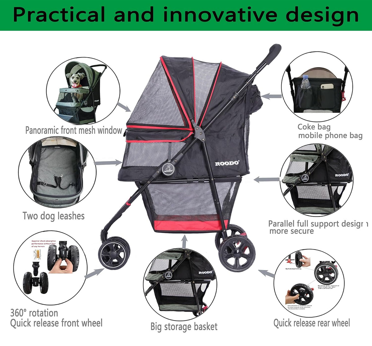 ROODO Escort 3 Wheel Dog Cat Pet Stroller for Small/Medium Dogs Cats Best Lightweight Foldable Portable Compact Jogger T
