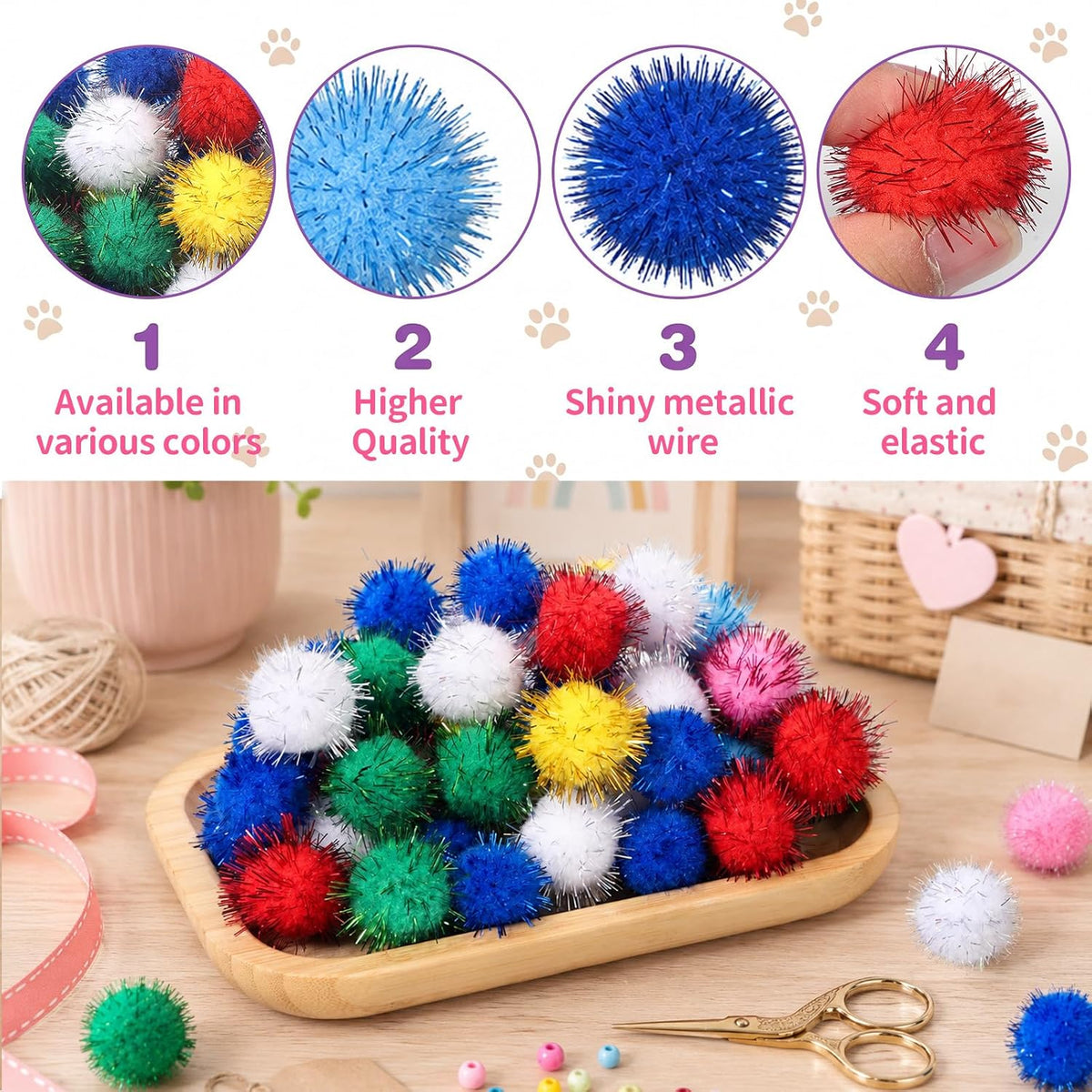 50Pcs Glitter Pom Poms,1.2Inch Cat Sparkle Balls Puff Balls for Cat