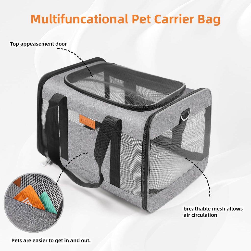 YUNIQUE Soft-Sided Cat & Dog Carrier for Pets Up to 15 Lbs, Airline Approved Collapsible Travel Puppy Carrier with Lightweight Fabric Design (Grey)