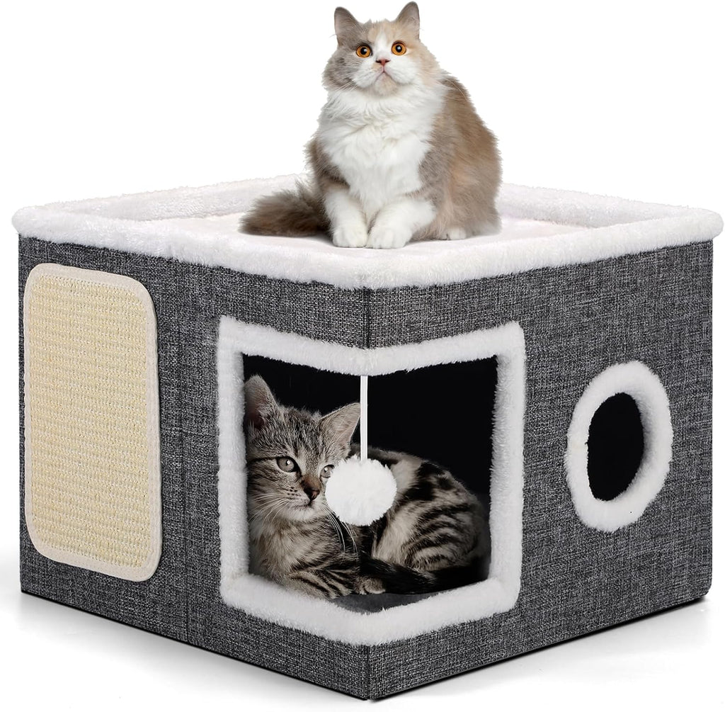 Shikha Cat House Bed for Indoor Cats with Fluffy Ball and Scratch Pad Grey