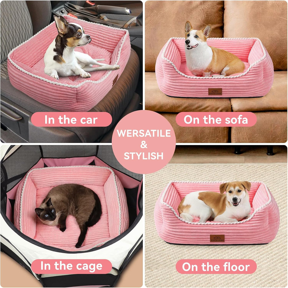 Zerbuger 25in Pink Rectangle Cat Dog Bed Machine Washable Sleeping Sofa