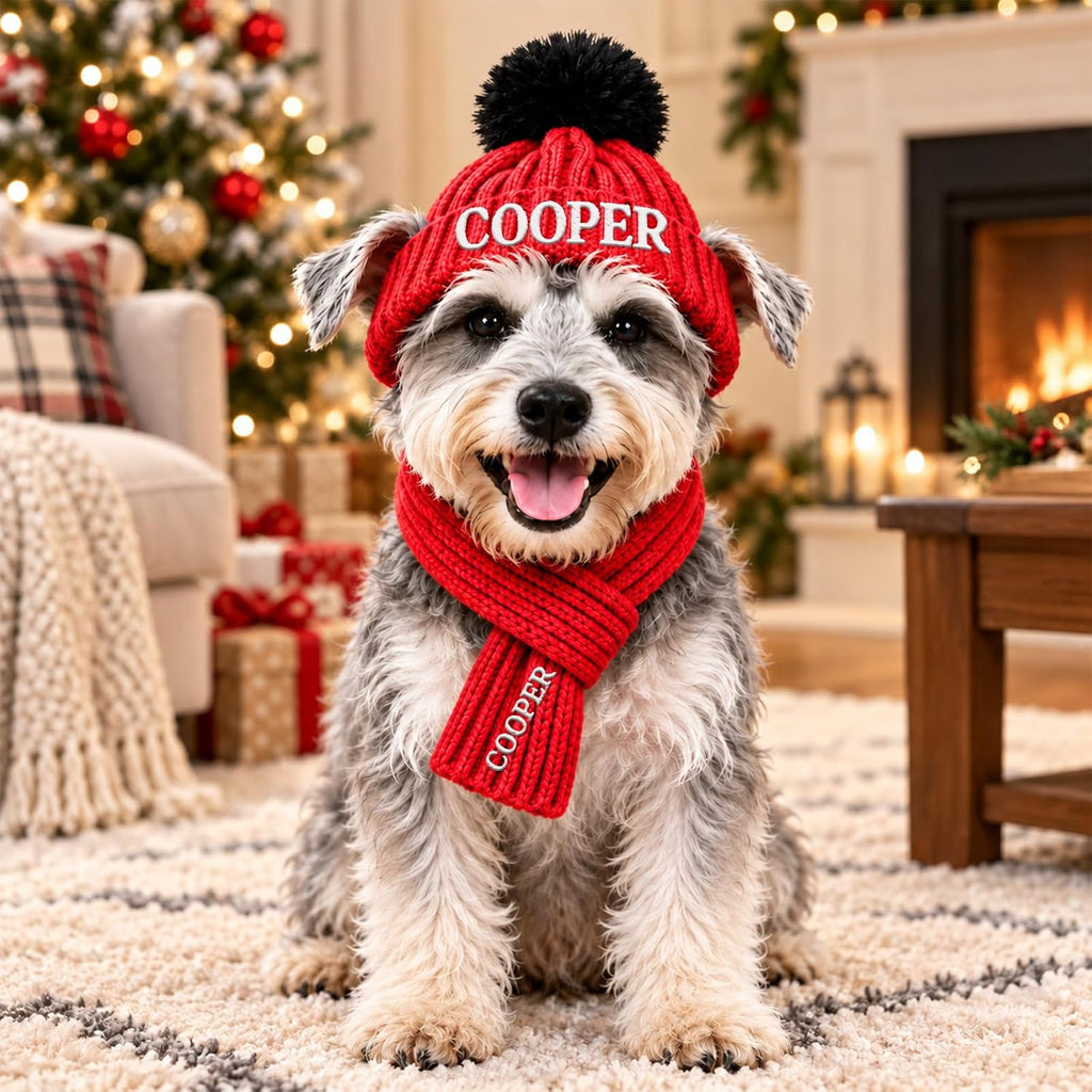 Personalized Dog Beanie with Scarf Set Custom Pet Winter Hat with Ear Holes