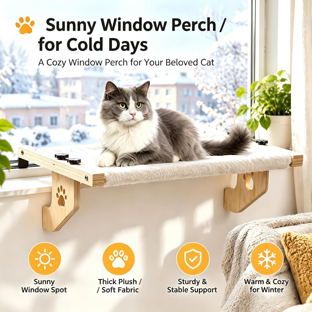 Cat Window Perch, Cordless Window Cat Bed for Indoor Cats, Holds 44 lbs